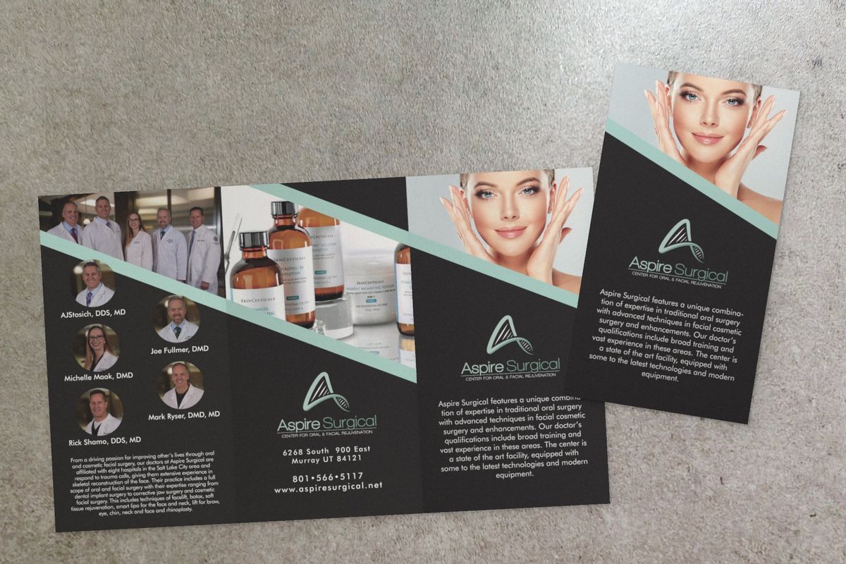 Aspire Surgical tri-fold brochure open on a gray surface: doctor portraits, a skincare product photo with the logo panel, and a portrait of a woman, beside a matching single panel.